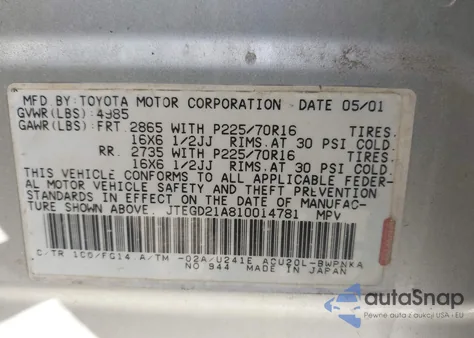 2001 Toyota Highlander z USA, uszkodzony, nr VIN JTEGD21A810014781